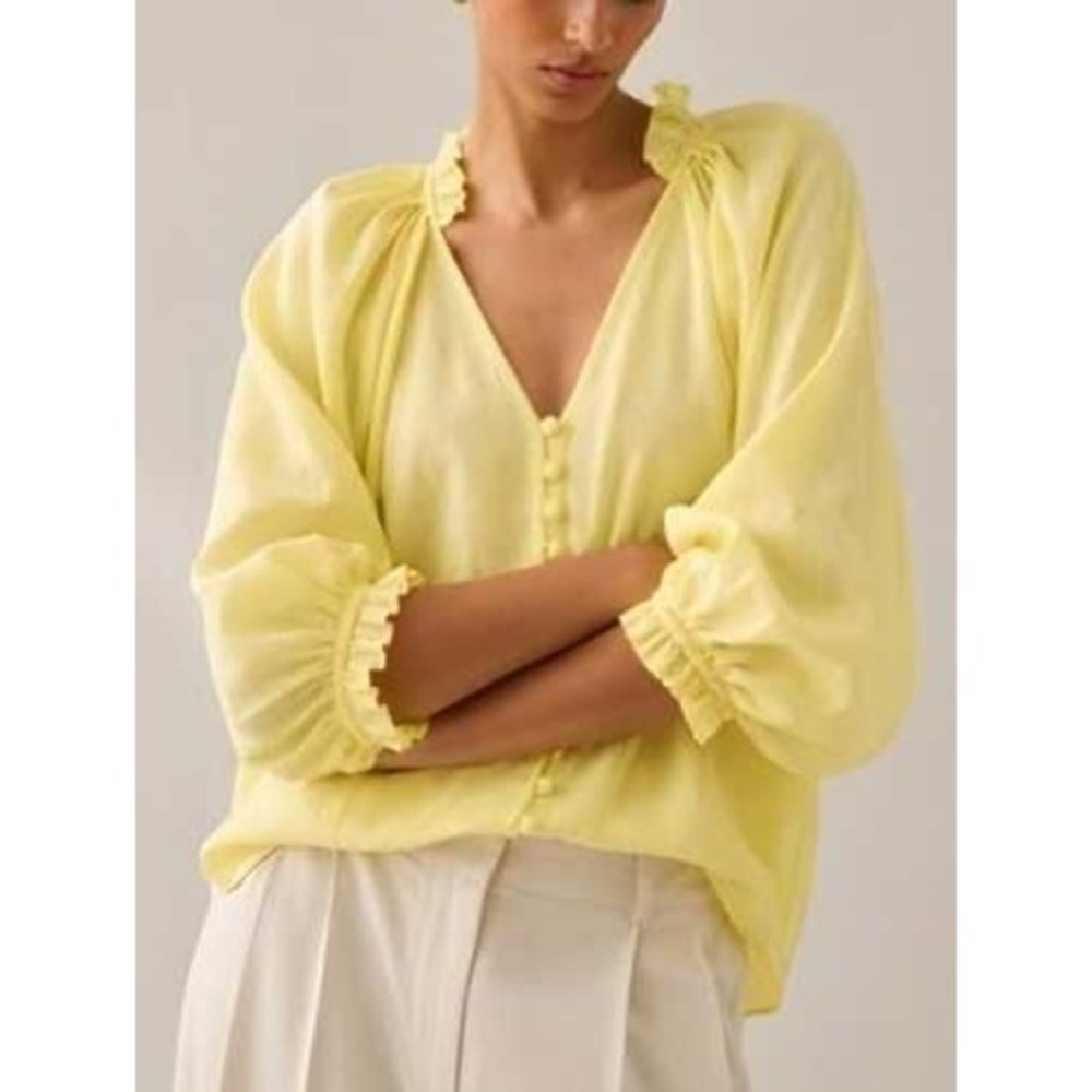 Maeve Anthropologie Yellow Linen Ruffle Button Front Blouse Large